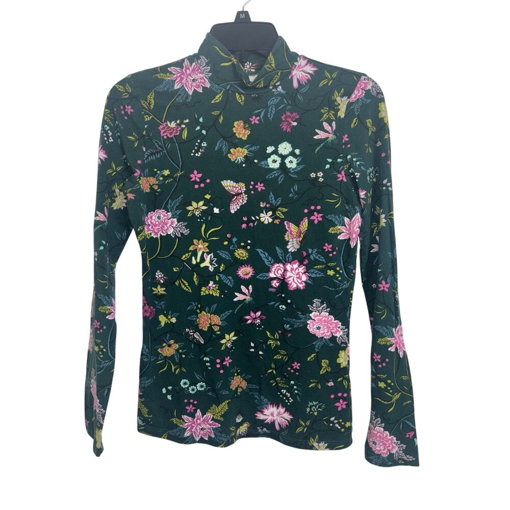 Anthropologie Maeve Green Butterfly Mock Neck Long Sleeve Top Small Garden Fairy